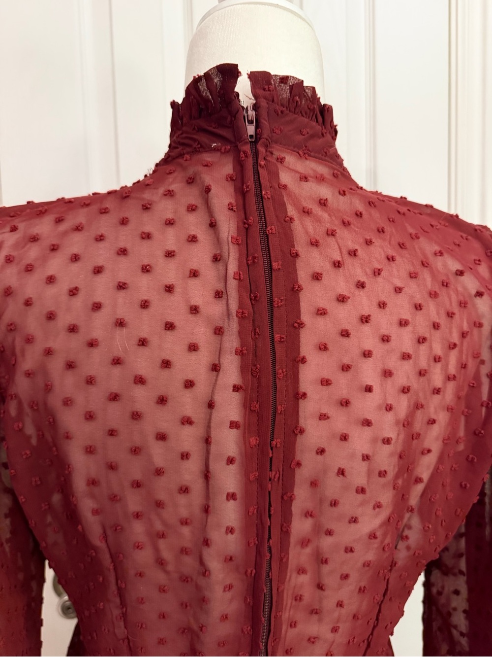 Altar'd State Wine Red Swiss Dot Long Sleeve Tiered Dress - Picture 5 of 7